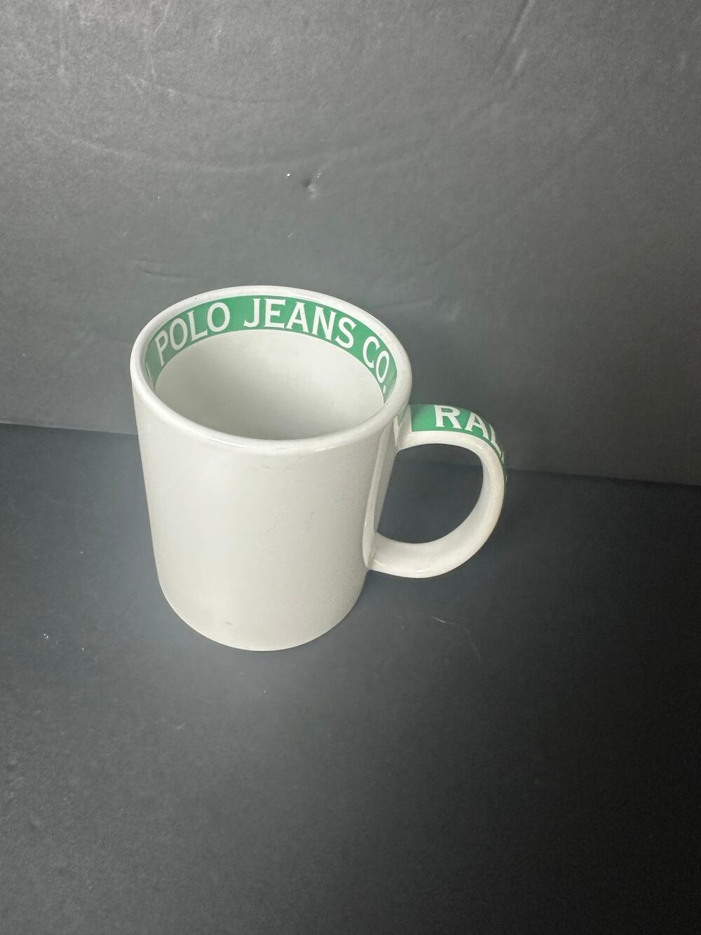 RL Ralph Lauren Polo Jeans White Coffee Mug Green Print Vintage Collectible